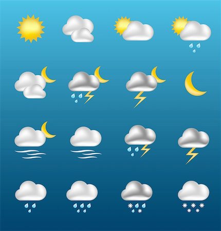 simsearch:400-08506268,k - Vector illustration of shiny Weather Forecast Icons: Sun, Cloud, Rain, Snow, Moon. Four seasons quality weather icons. Highly detailed vector illustration that easy to edit. Stock Photo - Budget Royalty-Free & Subscription, Code: 400-04375222