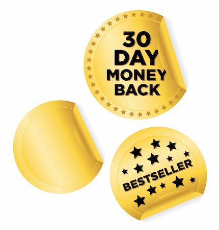 simsearch:400-04375327,k - Vector illustration set of stylish stickers in gold for retail: 30 Day Money Back, Bestseller and blank sticker for your text. Stickers are isolated on white; easy to edit. Stock Photo - Budget Royalty-Free & Subscription, Code: 400-04375326