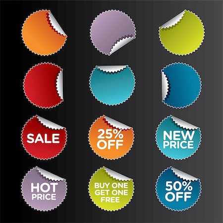 simsearch:400-06069401,k - Vector illustration set of colorful stylish shiny round stickers for retail and other use: Sale, 25% Off, New Price, Hot Price, Buy One Get One Free, and blank stickers for your text. Stickers are isolated on black; easy to edit. Photographie de stock - Aubaine LD & Abonnement, Code: 400-04375340