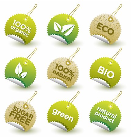 simsearch:400-07556059,k - Set of 9 GREEN labels with different variations of ORGANIC signs: 100% NATURAL, ECO, BIO, 100% ORGANIC, GREEN, SUGAR FREE, NATURAL PRODUCT; good use for food, products and services; Vector illustration, editable; Stockbilder - Microstock & Abonnement, Bildnummer: 400-04375350