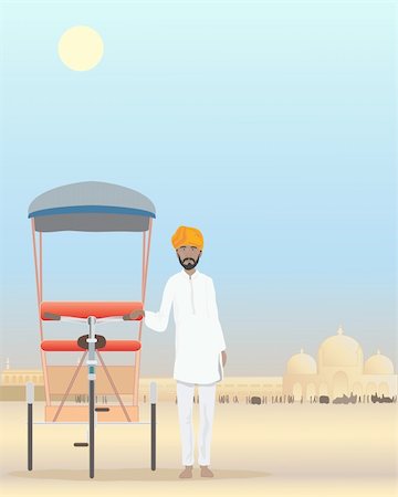 an illustration of an indian rajput standing by his cycle rickshaw in a dusty city under a hot sun Stock Photo - Budget Royalty-Free & Subscription, Code: 400-04375802
