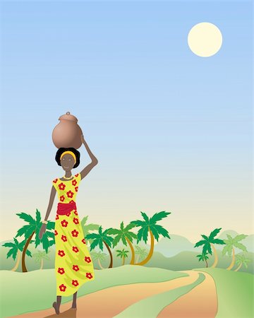 simsearch:400-05706113,k - an illustration of an african lady with a pot walking down a dirt track with coconut palms under a blue sky Stock Photo - Budget Royalty-Free & Subscription, Code: 400-04376300