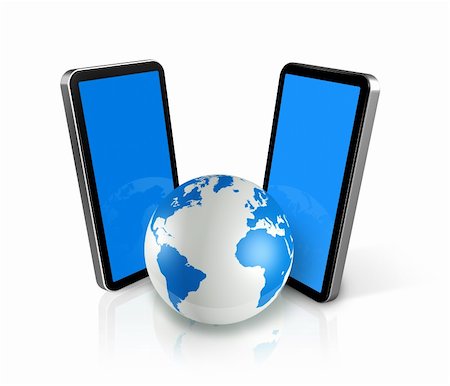 simsearch:400-04358223,k - two three dimensional connected mobile phones around a world globe - isolated on white Foto de stock - Super Valor sin royalties y Suscripción, Código: 400-04376809