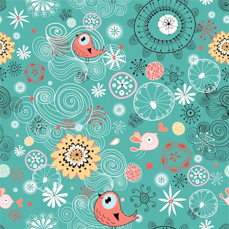 simsearch:400-05912525,k - seamless floral pattern with clouds and birds on a bright green background Stock Photo - Budget Royalty-Free & Subscription, Code: 400-04376905