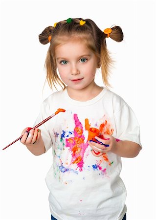 finger painting - smiling girl with the palms painted by a paint. Isolated on white background Stock Photo - Budget Royalty-Free & Subscription, Code: 400-04376981