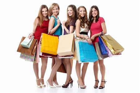 simsearch:400-04377587,k - Five attractive young women with shopping on white background Photographie de stock - Aubaine LD & Abonnement, Code: 400-04377584