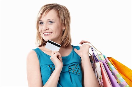 simsearch:400-04107785,k - Girl with bags and credit card on a white background Fotografie stock - Microstock e Abbonamento, Codice: 400-04377596