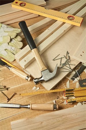 Wooden workshop table with tools. Stock Photo - Budget Royalty-Free & Subscription, Code: 400-04378187