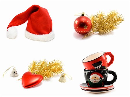 simsearch:400-05301621,k - Santa cristmas embellishment, golden branch and ctramic of the cup on white background. It Is formed from several pictures. Foto de stock - Super Valor sin royalties y Suscripción, Código: 400-04379818