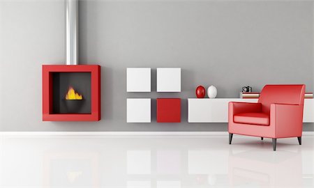 minimalist living room with fashion fireplace - rendering Stock Photo - Budget Royalty-Free & Subscription, Code: 400-04370050