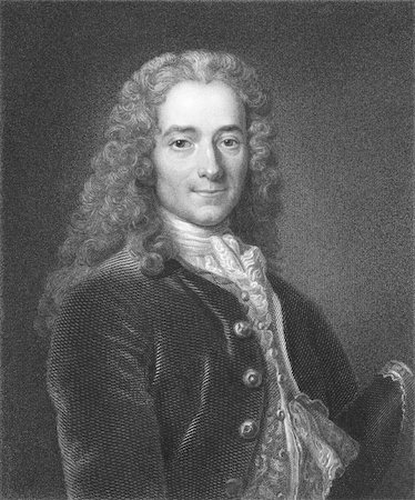 simsearch:400-04676987,k - Voltaire (1694-1778) on engraving from the 1800s. French enlightenment writer, philosopher and essayist, known for his wit and defense of civil liberties, such as freedom of religion and free trade. Engraved by J. Mollison and published in London by Charles Knight, Pall Mall East. Photographie de stock - Aubaine LD & Abonnement, Code: 400-04370272