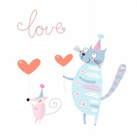 retro cat pattern - funny bright cat and mouse with the hearts on a white background Stock Photo - Budget Royalty-Free & Subscription, Code: 400-04370484