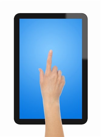 simsearch:614-06974079,k - Touch Screen Tablet PC with female hand. Include clipping path for hand and 2 clipping path for screen and tablet. Isolated on white. Photographie de stock - Aubaine LD & Abonnement, Code: 400-04370506