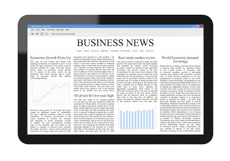 simsearch:400-04907291,k - Business News on Tablet PC. Include clipping path for tablet and screen. Isolated on white. Note: All text news and graphic written by contributor. Fotografie stock - Microstock e Abbonamento, Codice: 400-04370503
