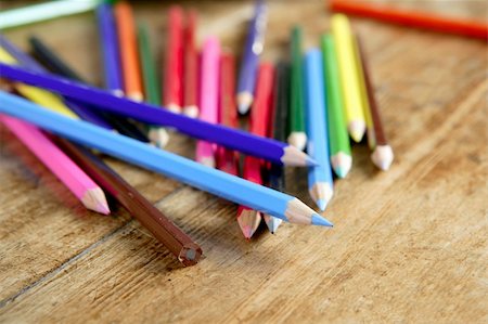 colorful pencil arrangement casual on wooden desk vintage retro Stock Photo - Budget Royalty-Free & Subscription, Code: 400-04370905