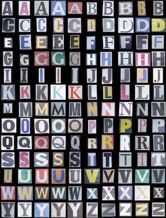 simsearch:400-04374500,k - Newspaper alphabet upper case over a black background Stock Photo - Budget Royalty-Free & Subscription, Code: 400-04371027