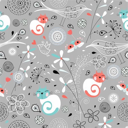 seamless floral pattern with cats and birds on a gray background Stock Photo - Budget Royalty-Free & Subscription, Code: 400-04371192