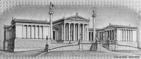 simsearch:400-05156209,k - Academy of Athens on 100 Drachmai 1967 banknote from Greece. It is the national academy of Greece, and the highest research establishment in the country. The Academy's main building is one of the major landmarks of Athens. Stock Photo - Budget Royalty-Free & Subscription, Code: 400-04371211