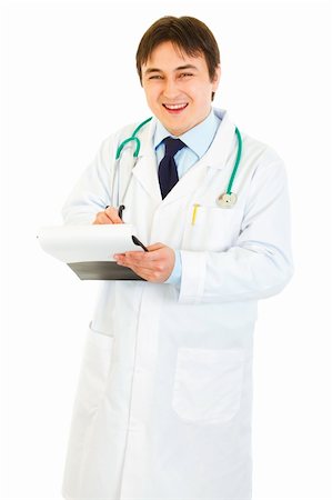 simsearch:400-04351236,k - Smiling medical doctor with stethoscope making notes in document isolated on white Photographie de stock - Aubaine LD & Abonnement, Code: 400-04371557