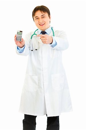 simsearch:400-04351236,k - Smiling medical doctor pointing finger on calculator  isolated on white Photographie de stock - Aubaine LD & Abonnement, Code: 400-04371569