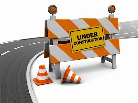 road construction barrier - 3d illustration of under construction barrier and asphalt road Stock Photo - Budget Royalty-Free & Subscription, Code: 400-04372480