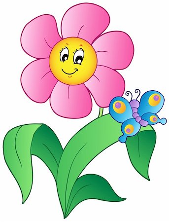 flowers in growing clip art - Cartoon flower with butterfly - vector illustration. Stock Photo - Budget Royalty-Free & Subscription, Code: 400-04372751