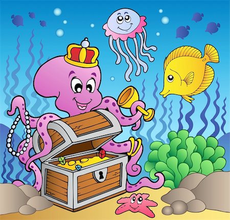 Cartoon octopus on treasure chest - vector illustration. Stock Photo - Budget Royalty-Free & Subscription, Code: 400-04372753