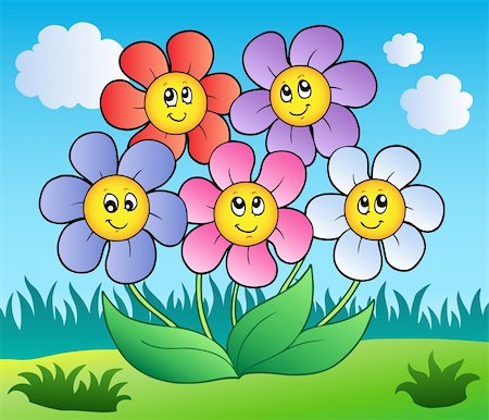 Five cartoon flowers on meadow - vector illustration. Stock Photo - Budget Royalty-Free & Subscription, Code: 400-04372778