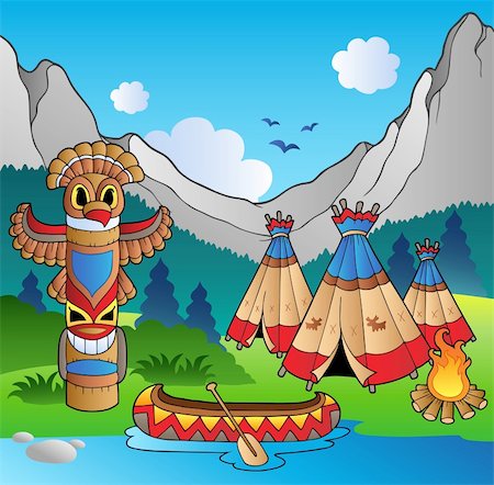 Indian village with totem and canoe - vector illustration. Stock Photo - Budget Royalty-Free & Subscription, Code: 400-04372784