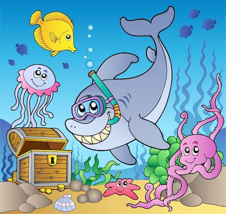 sea animals cartoon shark - Shark diver with treasure chest - vector illustration. Stock Photo - Budget Royalty-Free & Subscription, Code: 400-04372799