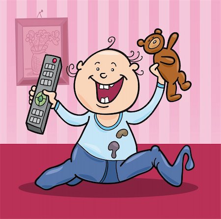 illustration of baby boy with remote control and teddy bear Stock Photo - Budget Royalty-Free & Subscription, Code: 400-04372822