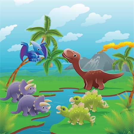 scene cartoons characters - Cute dinosaurs in prehistoric scene. Series of three illustrations that can be used separately or side by side to form panoramic landscape. Stock Photo - Budget Royalty-Free & Subscription, Code: 400-04373107