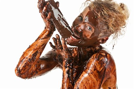 naked blond girl eating chocolate with melted chocolate all over her Stockbilder - Microstock & Abonnement, Bildnummer: 400-04373168