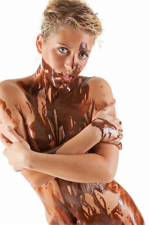naked blonde woman covered sweet cream chocolate Stockbilder - Microstock & Abonnement, Bildnummer: 400-04373163