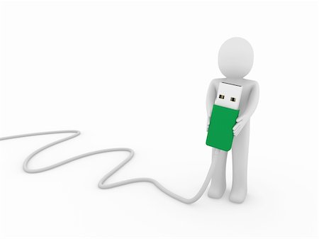 3d human man usb stick green plug cable Stock Photo - Budget Royalty-Free & Subscription, Code: 400-04373545