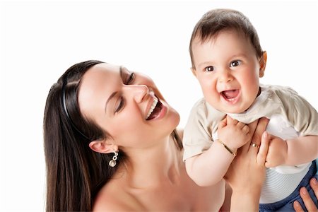 picture of happy mother with baby over white Stockbilder - Microstock & Abonnement, Bildnummer: 400-04384552