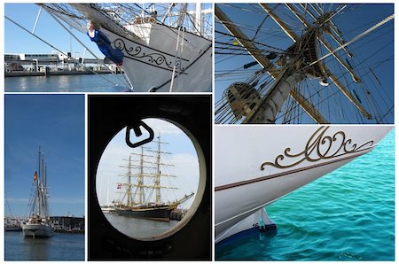 collection of view of sailboat and close-up of a boat closed porthole with view to an old galleon Photographie de stock - Aubaine LD & Abonnement, Code: 400-04384730