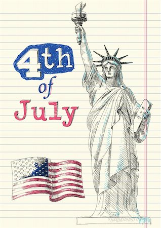 statue of liberty on the flag - Fourth of July Doodles Photographie de stock - Aubaine LD & Abonnement, Code: 400-04384811
