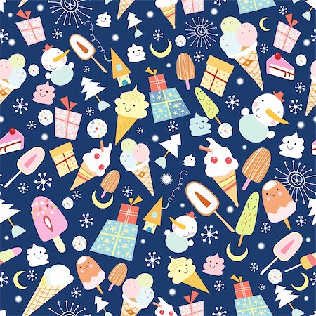 seamless pattern of ice cream snowmen and presents a dark blue background Stock Photo - Budget Royalty-Free & Subscription, Code: 400-04385239