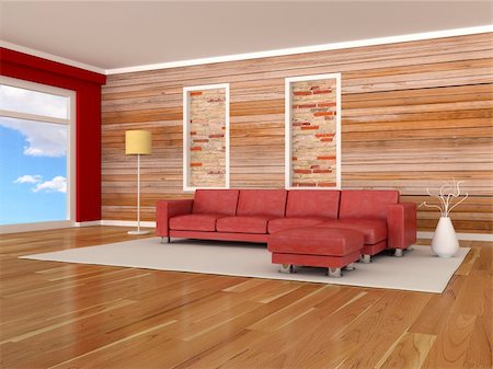 simsearch:400-08575434,k - Interior of the modern room, wood wall, red sofa Foto de stock - Royalty-Free Super Valor e Assinatura, Número: 400-04385447