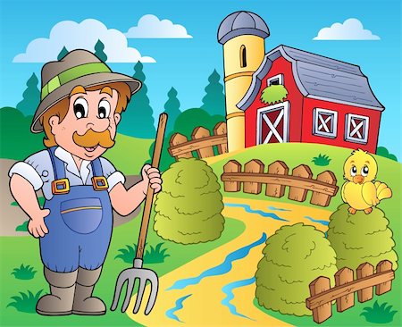 farmer chicken - Country scene with red barn 3 - vector illustration. Stock Photo - Budget Royalty-Free & Subscription, Code: 400-04387275