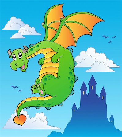 fairy tale characters how to draw - Flying fairy tale dragon near castle - vector illustration. Stock Photo - Budget Royalty-Free & Subscription, Code: 400-04387282