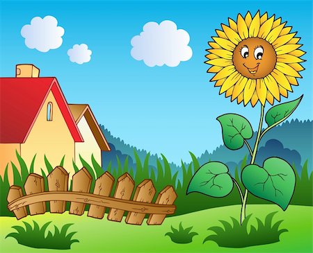 Meadow with cartoon sunflower - vector illustration. Stock Photo - Budget Royalty-Free & Subscription, Code: 400-04387294