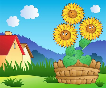 Meadow with three cute sunflowers - vector illustration. Stock Photo - Budget Royalty-Free & Subscription, Code: 400-04387299