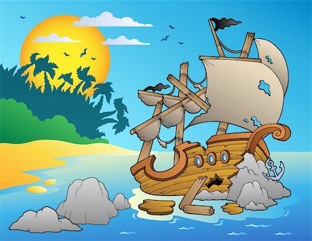 seascape drawing - Seascape with shipwreck and rocks - vector illustration. Stock Photo - Budget Royalty-Free & Subscription, Code: 400-04387305