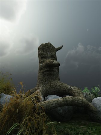 spooky field - tree stump with face under cloudy  sky - 3d illustration Stock Photo - Budget Royalty-Free & Subscription, Code: 400-04387334