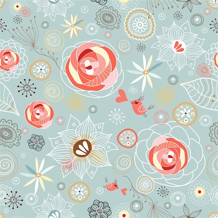 simsearch:400-09089375,k - seamless decorative pattern with roses and birds on a light blue background with patterns Fotografie stock - Microstock e Abbonamento, Codice: 400-04387437