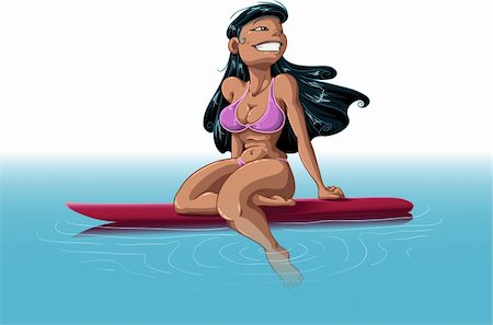 A vector illustration of an Hawaiian woman wearing a bikini, sitting on a surfboard in the middle of the ocean. Foto de stock - Super Valor sin royalties y Suscripción, Código: 400-04387703