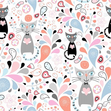 retro cat pattern - Seamless vivid abstract design with cats and drops on a white background Stock Photo - Budget Royalty-Free & Subscription, Code: 400-04388444