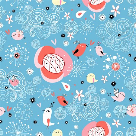 simsearch:400-05912525,k - Seamless red floral pattern with birds on a blue background with clouds Stock Photo - Budget Royalty-Free & Subscription, Code: 400-04388445